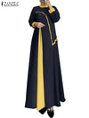 ZANZEA Muslim Women Vestidos Abaya Hijab O Neck Color Block Long Sleeve Eid Mubarak Maxi Dress Islamic Casual Robe 2025 Spring