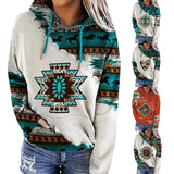 Autumn Winter Womens Casual Geometric Horse Print Long Sleeve Drawstring Pullover Tops Ethnic Style Hooded Sweatshirt 2023