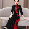 Middle Aged Female Golden Velvet Long Dress Female Embroidery Splicing Cheongsam Femme Fake Two-piece Quarter Sleeves Vestidos