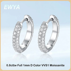 EWYA Luxury Designer 0.8cttw D Color Full 1mm Moissanite Hoop Earrings S925 Sterling Silver Earring For Women Party Fine Jewelry