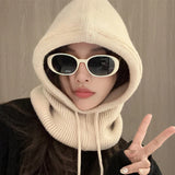 Knitted Hooded Caps Winter Balaclava Hats Women Korean Style Outdoor Warmer Drawstring Hats One-piece Neck Collar Beanies Cap