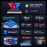 15.6" Laptop Computer Intel Celeron N4000 Notebook PC Fingerprint Unlock Windows 11 16GB DDR4 1TB SSD 1920*1080P Gaming Laptop