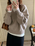 Heavyweight V-neck Lantern Sleeve Basic Commute Sweater Soft Hand Feel Long Sleeve round Neck Knitwear for Young Women