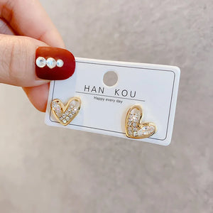 Gold Plated Heart Stud Earrings Shiny Zircon Earrings Metal Elegant Fashion Heart Jewelry, Romantic Female Couple Earrings