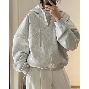 Spring Korea Casual Sporty Letter Hoodie Zipper Cardigan Loose Coat Top Women