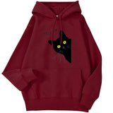 Winter Women Hoodies Meow Black Cat Printed Pullover Pocket Drop Sleeves Hoody Breathable Loose Sweatshirts Cute Ladies Clothes