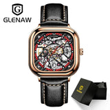 GLENAW Luxury Men Wristwatch Automatic Mechanical Wristwatch Skeleton Design Waterproof Leather Strap Male Watch Reloj Hombre