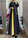 ZANZEA Muslim Women Vestidos Abaya Hijab O Neck Color Block Long Sleeve Eid Mubarak Maxi Dress Islamic Casual Robe 2025 Spring