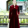 Middle Aged Female Golden Velvet Long Dress Female Embroidery Splicing Cheongsam Femme Fake Two-piece Quarter Sleeves Vestidos