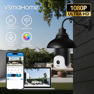 2K Light Bulb Camera Outdoor/Indoor, Light Bulb Security Camera - 360° AI Motion Detection, Full-Color Night Vision.