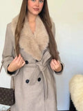 ZBZA Women's Thick Warm Faux Fur Coat Retro Lapel Double Breasted Welt Pockets Back Opening Long Belted Overcoat Winter Overcoat