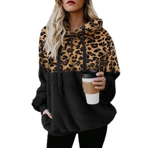 Women's  Sweatshirt Autumn  Winter Long Sleeve Leopard Loose Casual Lint Thermal Hooded  Sweatshirt