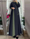 ZANZEA Muslim Women Vestidos Abaya Hijab O Neck Color Block Long Sleeve Eid Mubarak Maxi Dress Islamic Casual Robe 2025 Spring