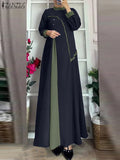 ZANZEA Muslim Women Vestidos Abaya Hijab O Neck Color Block Long Sleeve Eid Mubarak Maxi Dress Islamic Casual Robe 2025 Spring