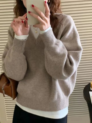 Heavyweight V-neck Lantern Sleeve Basic Commute Sweater Soft Hand Feel Long Sleeve round Neck Knitwear for Young Women