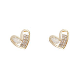 Gold Plated Heart Stud Earrings Shiny Zircon Earrings Metal Elegant Fashion Heart Jewelry, Romantic Female Couple Earrings