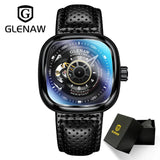 GLENAW Luxury Men Wristwatch Automatic Mechanical Wristwatch Skeleton Design Waterproof Leather Strap Male Watch Reloj Hombre