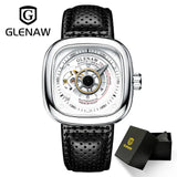 GLENAW Luxury Men Wristwatch Automatic Mechanical Wristwatch Skeleton Design Waterproof Leather Strap Male Watch Reloj Hombre