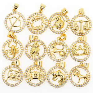 Lucky Zodiac Sign Pendant Charm Twelve Constellation Gold Plated Zircon Cancer Virgo Scorpio For Women DIY Necklace Fine Jewelry