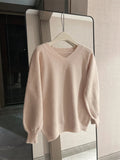 Heavyweight V-neck Lantern Sleeve Basic Commute Sweater Soft Hand Feel Long Sleeve round Neck Knitwear for Young Women