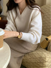 Heavyweight V-neck Lantern Sleeve Basic Commute Sweater Soft Hand Feel Long Sleeve round Neck Knitwear for Young Women