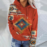 Autumn Winter Womens Casual Geometric Horse Print Long Sleeve Drawstring Pullover Tops Ethnic Style Hooded Sweatshirt 2023