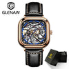 GLENAW Luxury Men Wristwatch Automatic Mechanical Wristwatch Skeleton Design Waterproof Leather Strap Male Watch Reloj Hombre