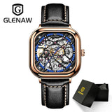 GLENAW Luxury Men Wristwatch Automatic Mechanical Wristwatch Skeleton Design Waterproof Leather Strap Male Watch Reloj Hombre