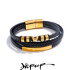 Yhpup Fashion Black Leather Layered Men Bracelet Bangle Stainless Steel Arrivals Popular Jewelry Accessories Waterproof