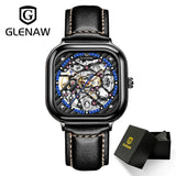 GLENAW Luxury Men Wristwatch Automatic Mechanical Wristwatch Skeleton Design Waterproof Leather Strap Male Watch Reloj Hombre