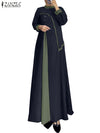 ZANZEA Muslim Women Vestidos Abaya Hijab O Neck Color Block Long Sleeve Eid Mubarak Maxi Dress Islamic Casual Robe 2025 Spring