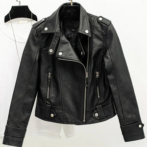 Women Black Lapel Leather Jacket  New In Long Sleeve Zip Up Fashion Coat Female Vintage Motorcycle Chic Tops Casual Korean Coats