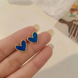 New Korean Sweet Cute Heart Stud Earrings for Women Girl Fashion Blue Glaze Aesthetic Geometric Earrings Minimalist Jewelry Gift