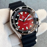 Tandorio Design Red Dial Lume NH36 Mechanical Swim Watch For Men Date Weekday Display 3.8 Crown 200M Waterproof 41mm