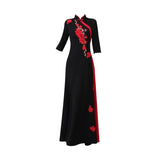 Middle Aged Female Golden Velvet Long Dress Female Embroidery Splicing Cheongsam Femme Fake Two-piece Quarter Sleeves Vestidos