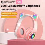 P91H,Cute Cat Ears BT Wireless Headphone Com Mic E Flash Light, Capacete De Música Estéreo LED, Fone De Ouvido Dobrável, Present